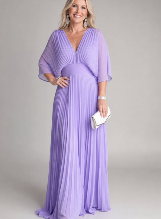 Lavinia | Women's Pleated Maxi Holiday Party Dress with Cape Sleeves