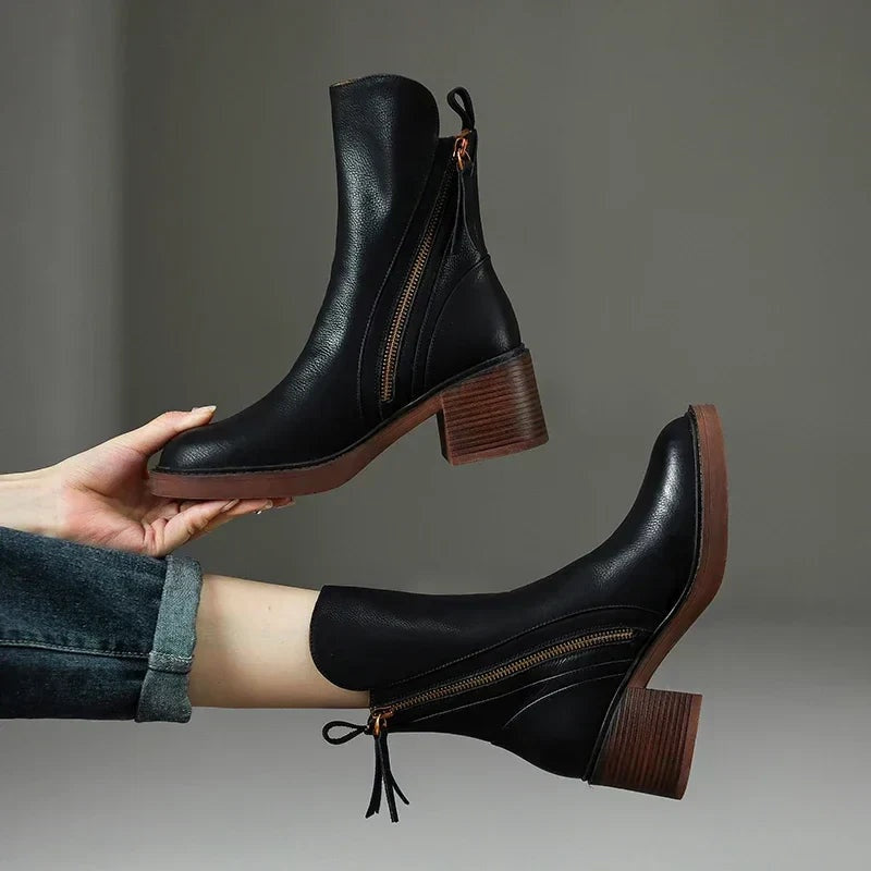Sasha | Women's Leather Heeled Ankle Boots Block Heel Side Zip