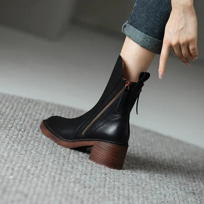 Sasha | Women's Leather Heeled Ankle Boots Block Heel Side Zip