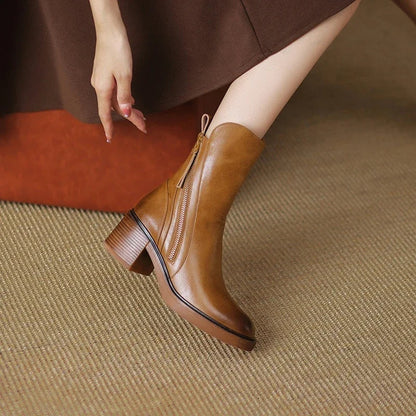 Sasha | Women's Leather Heeled Ankle Boots Block Heel Side Zip