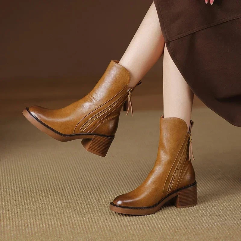 Sasha | Women's Leather Heeled Ankle Boots Block Heel Side Zip