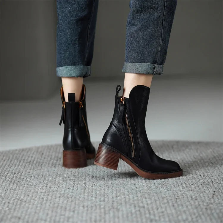 Sasha | Women's Leather Heeled Ankle Boots Block Heel Side Zip