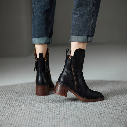 Sasha | Women's Leather Heeled Ankle Boots Block Heel Side Zip