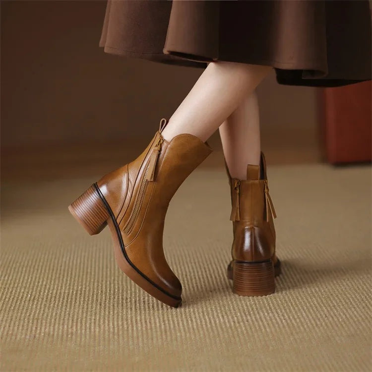 Sasha | Women's Leather Heeled Ankle Boots Block Heel Side Zip