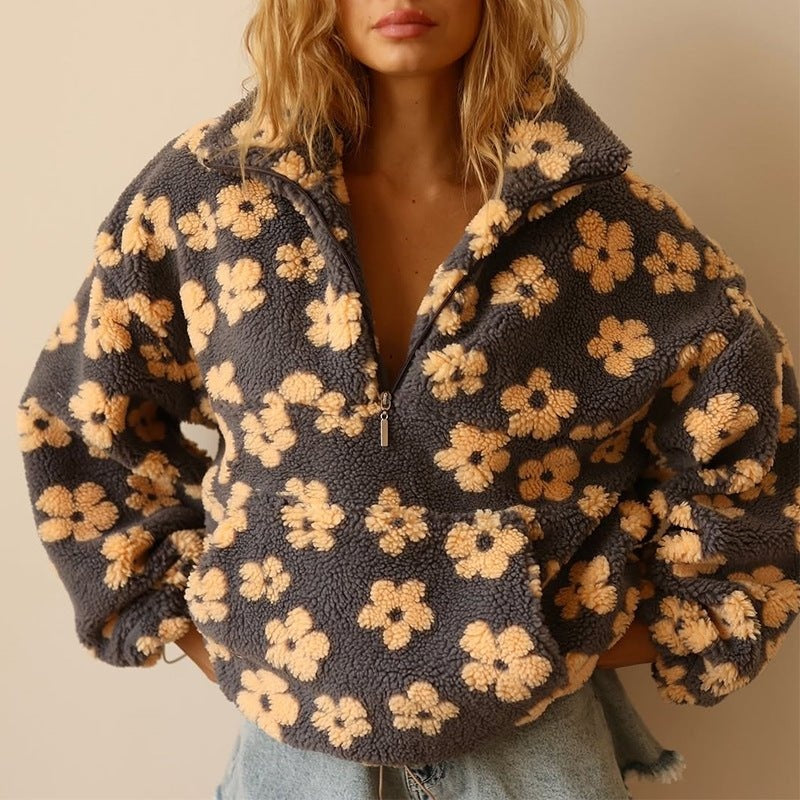 Leonor | Casaco de Fleece Teddy Floral Oversized Mulher Zíper
