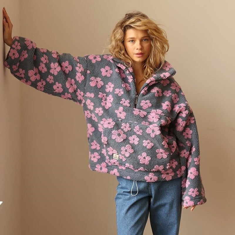 Leonor | Casaco de Fleece Teddy Floral Oversized Mulher Zíper