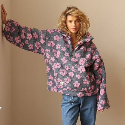 Leonor | Casaco de Fleece Teddy Floral Oversized Mulher Zíper