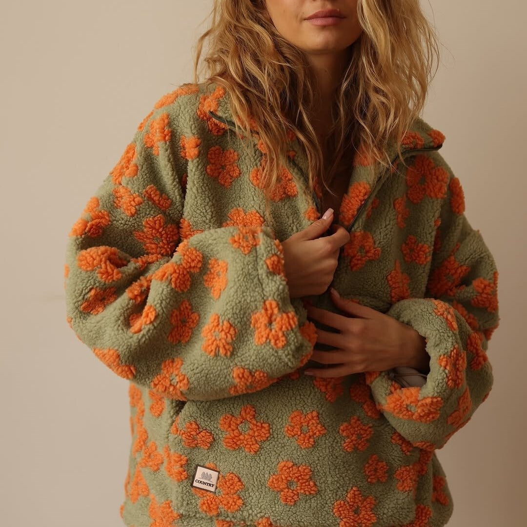 Leonor | Casaco de Fleece Teddy Floral Oversized Mulher Zíper
