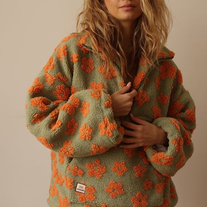 Leonor | Casaco de Fleece Teddy Floral Oversized Mulher Zíper