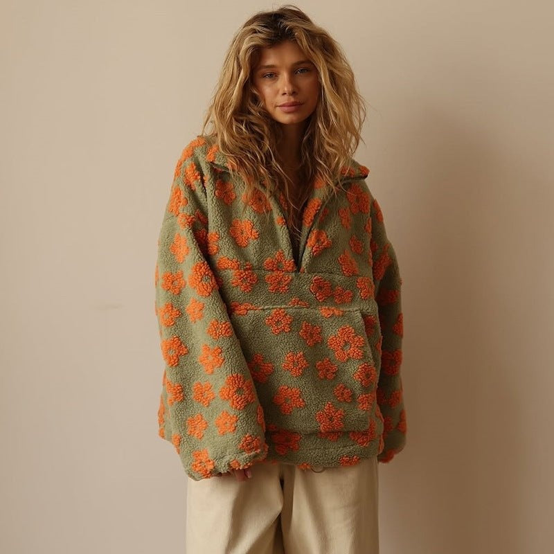 Leonor | Casaco de Fleece Teddy Floral Oversized Mulher Zíper