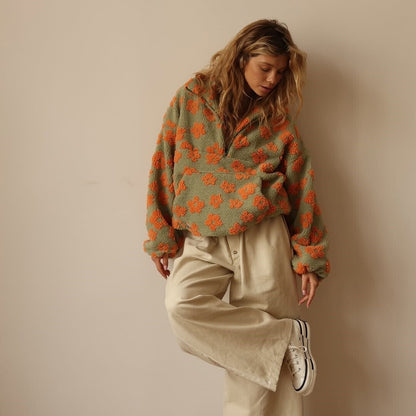 Leonor | Casaco de Fleece Teddy Floral Oversized Mulher Zíper