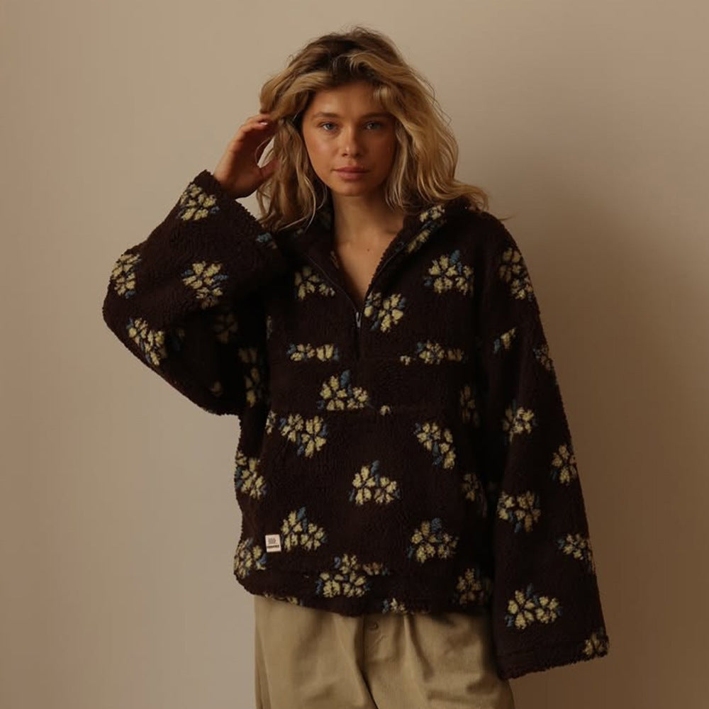Leonor | Casaco de Fleece Teddy Floral Oversized Mulher Zíper