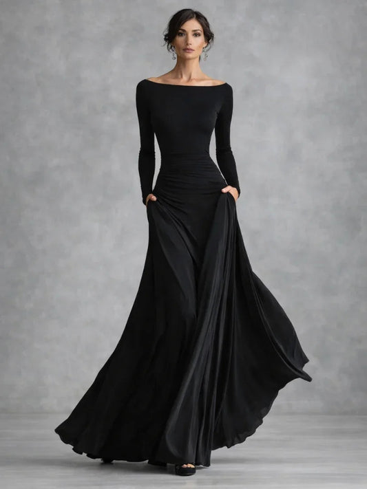 Maxine | Women's Long Sleeve Maxi Dress Boat Neck Draped