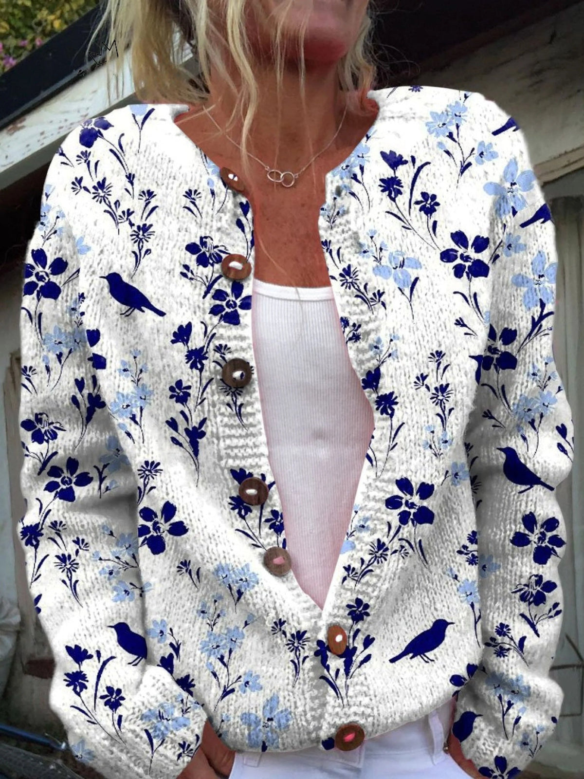 Manuela | Casaco de Malha Estampado Mulher Botões Florais