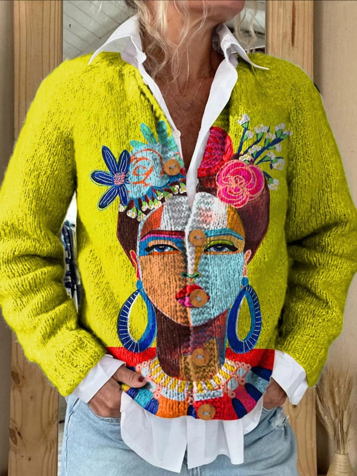Manuela | Casaco de Malha Estampado Mulher Botões Florais