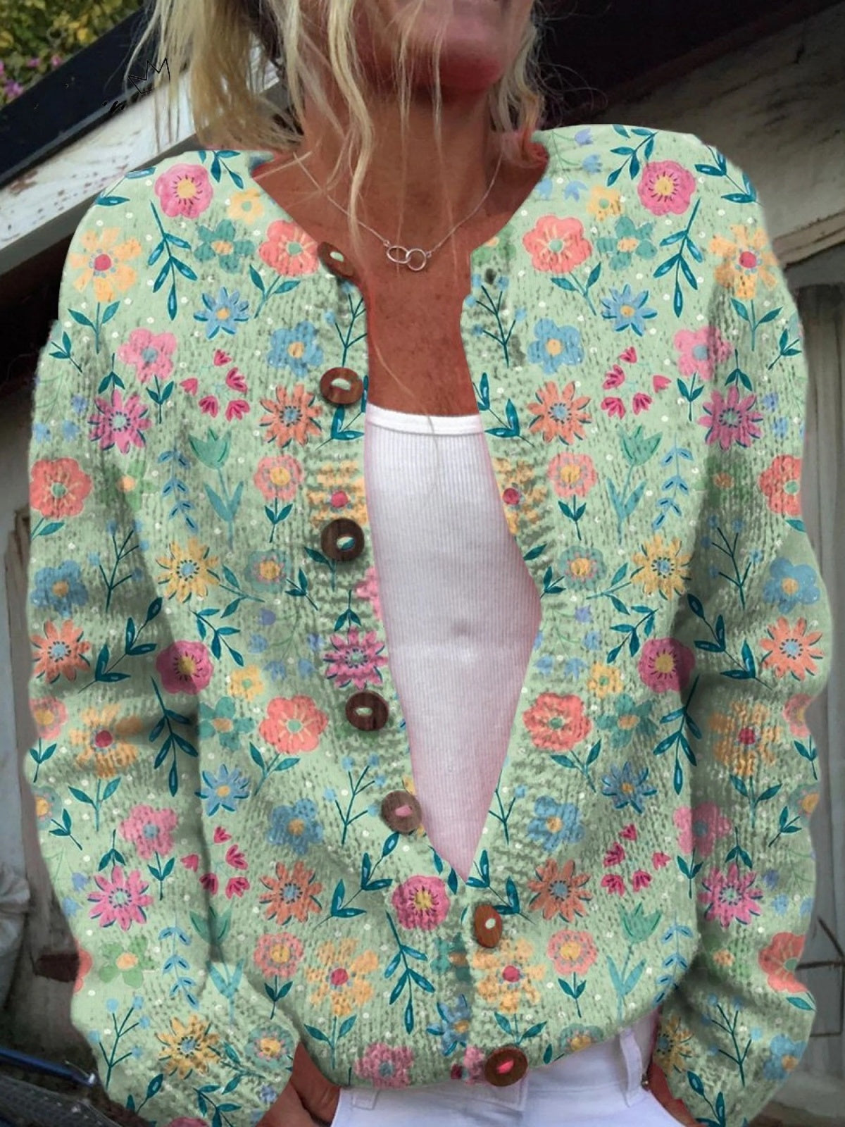 Manuela | Casaco de Malha Estampado Mulher Botões Florais
