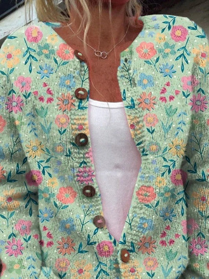 Manuela | Casaco de Malha Estampado Mulher Botões Florais