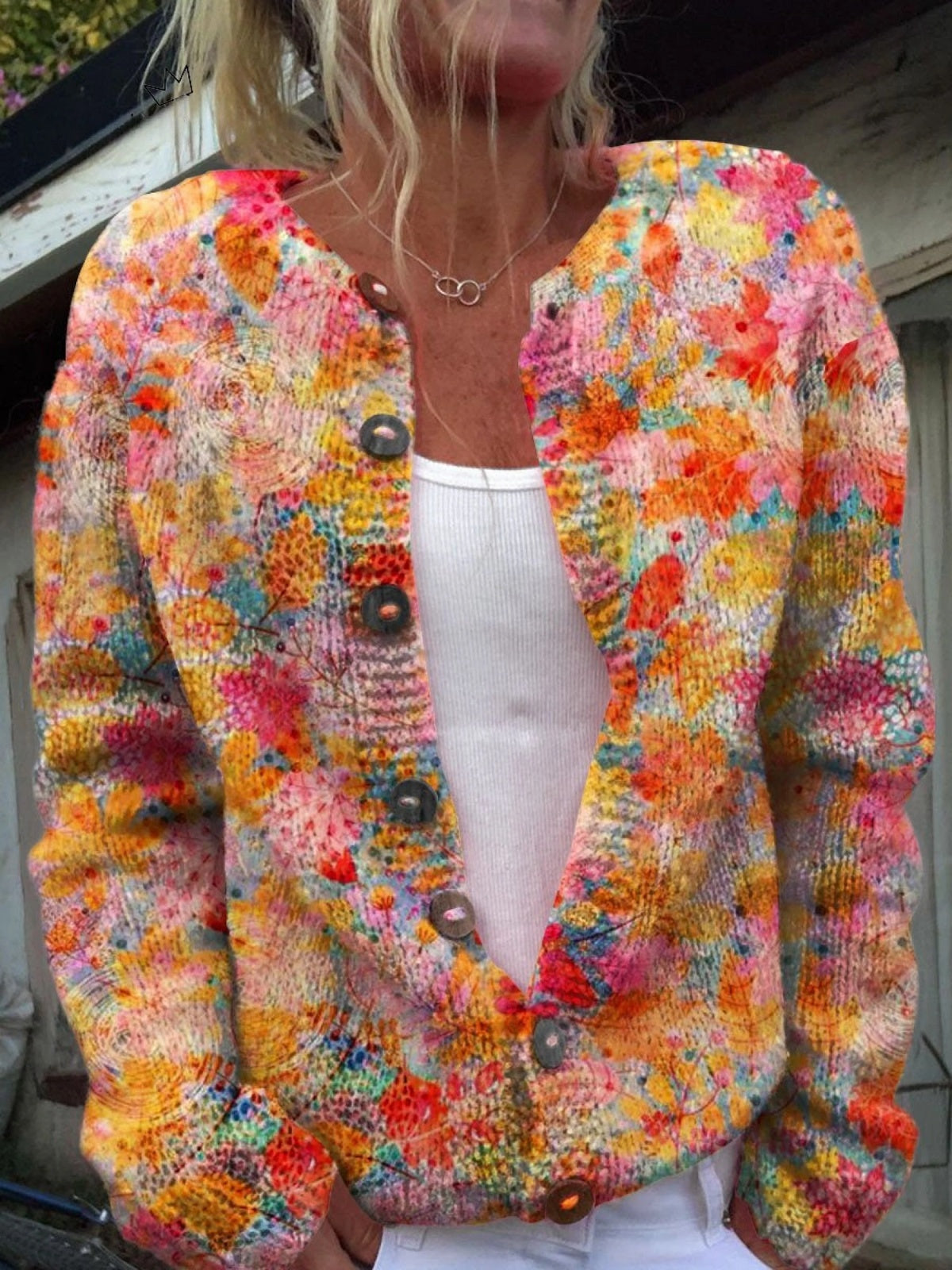 Manuela | Casaco de Malha Estampado Mulher Botões Florais