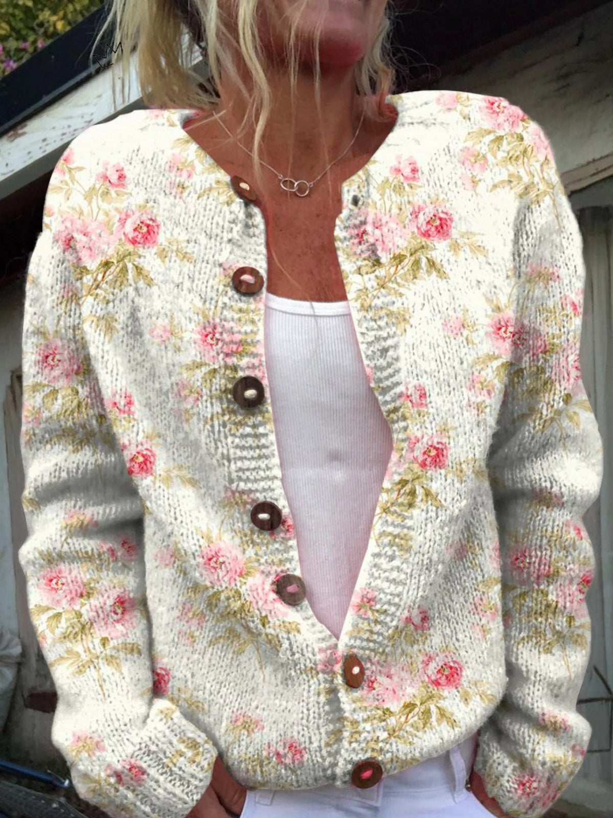 Manuela | Casaco de Malha Estampado Mulher Botões Florais