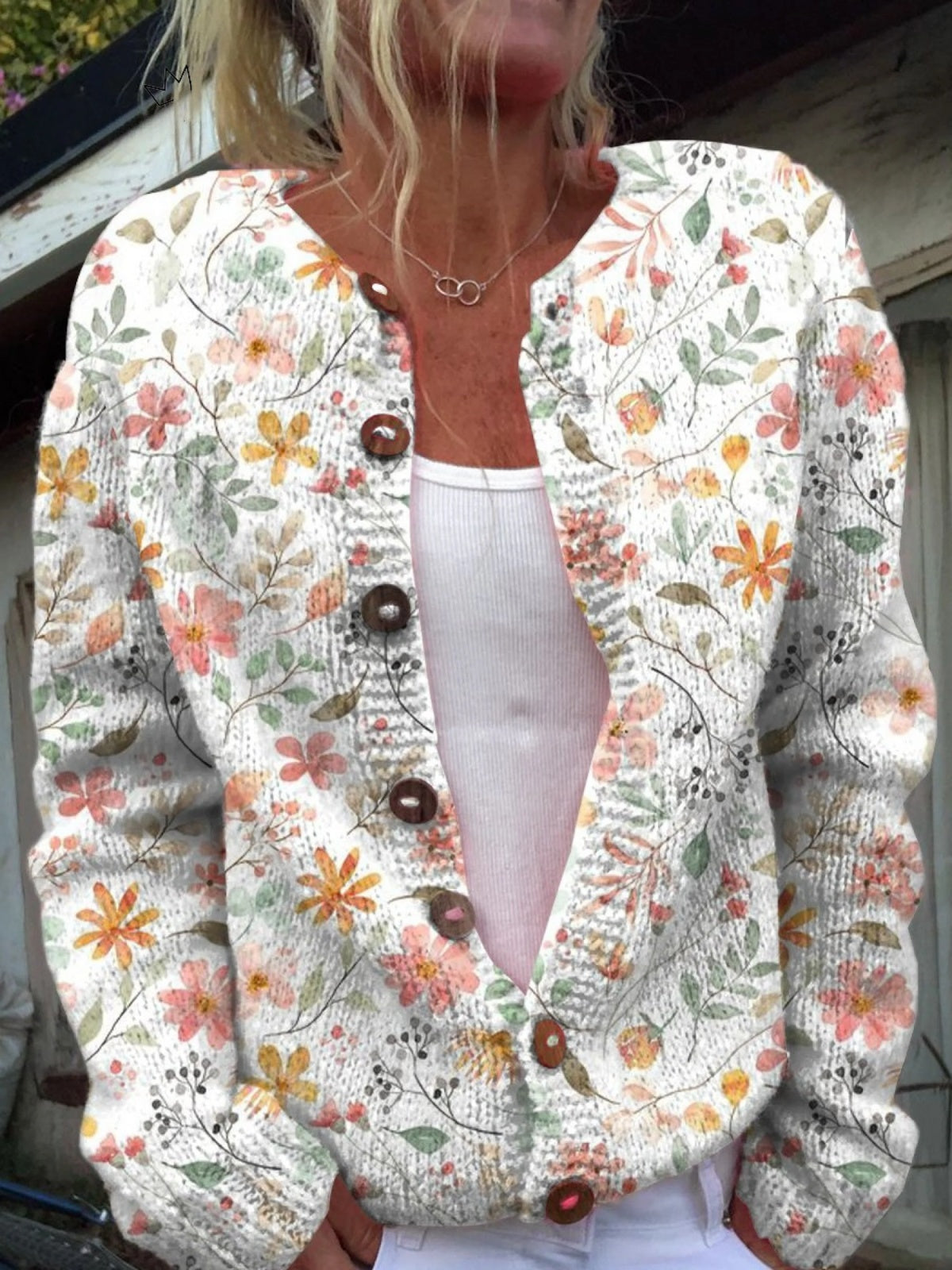 Manuela | Casaco de Malha Estampado Mulher Botões Florais