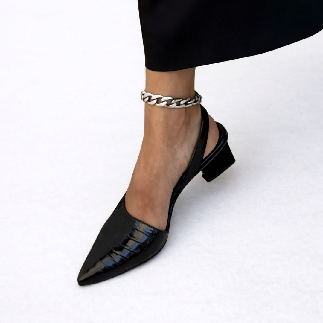 Manuela | Sapatos Oxford Mulher Slingback Bico Fino Salto Baixo