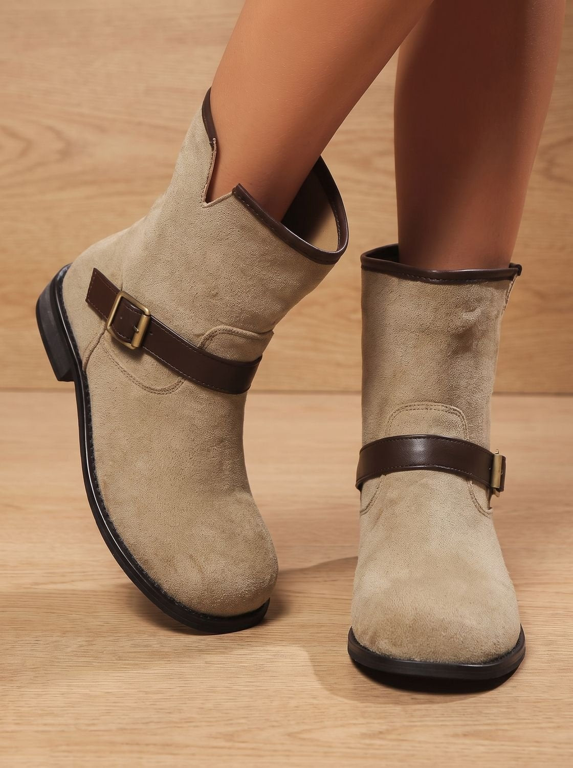 Lilah | Women's Faux Suede Winter Ankle Cowboy Boots Buckle Block Heel