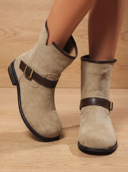 Lilah | Women's Faux Suede Winter Ankle Cowboy Boots Buckle Block Heel