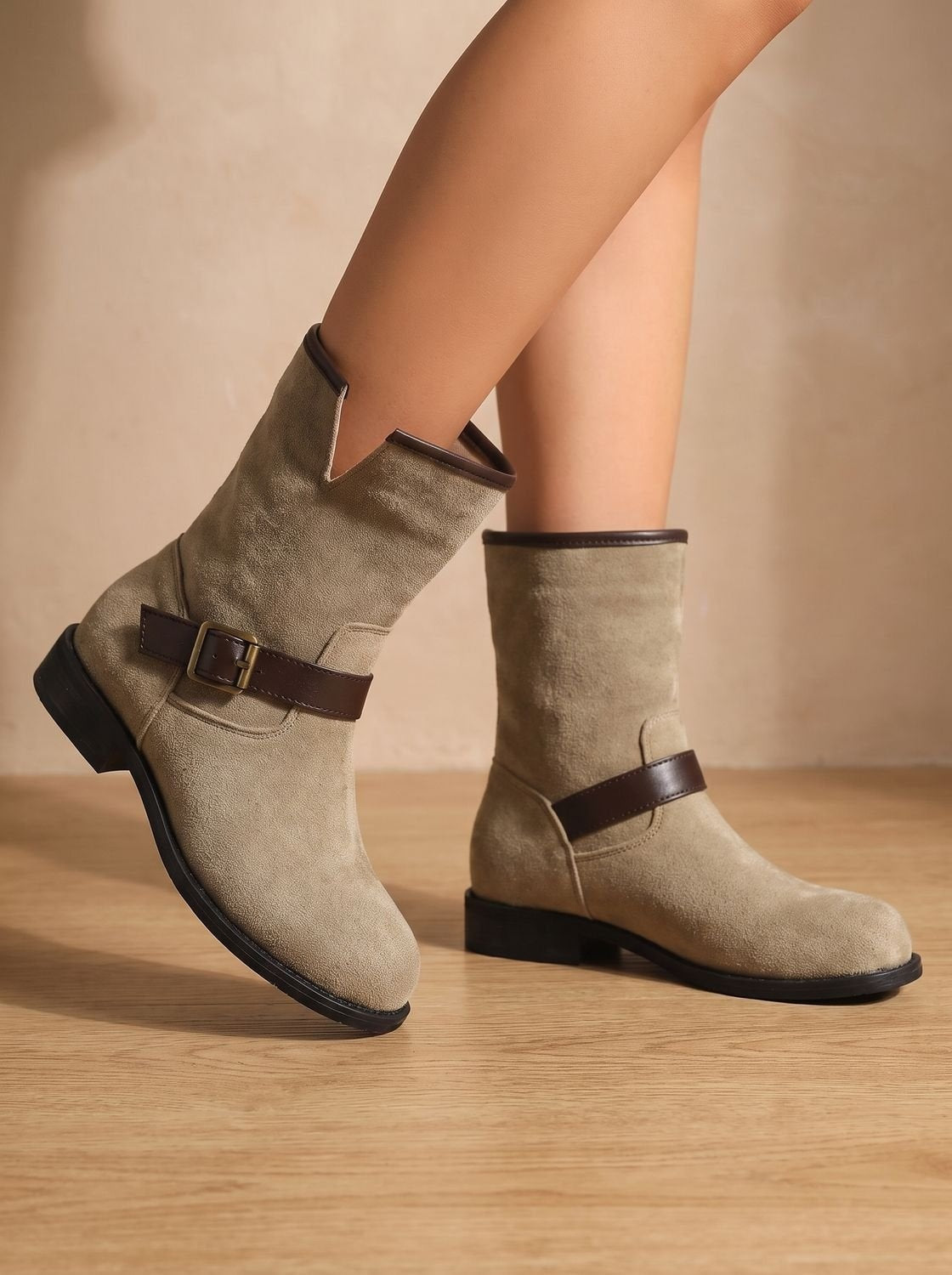 Lilah | Women's Faux Suede Winter Ankle Cowboy Boots Buckle Block Heel