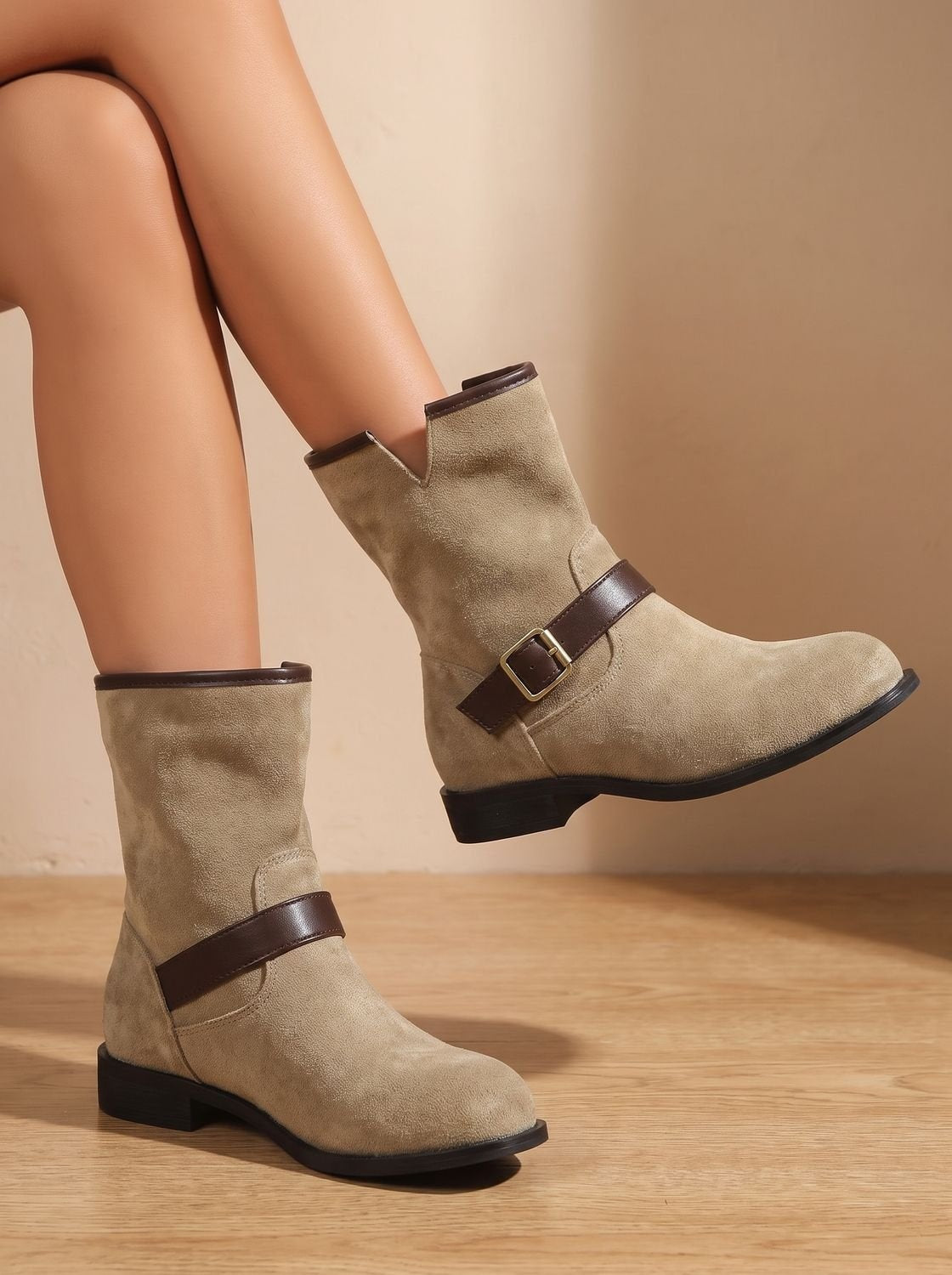 Lilah | Women's Faux Suede Winter Ankle Cowboy Boots Buckle Block Heel