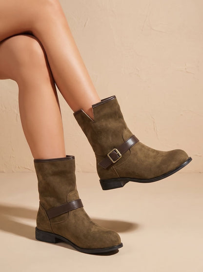 Lilah | Women's Faux Suede Winter Ankle Cowboy Boots Buckle Block Heel