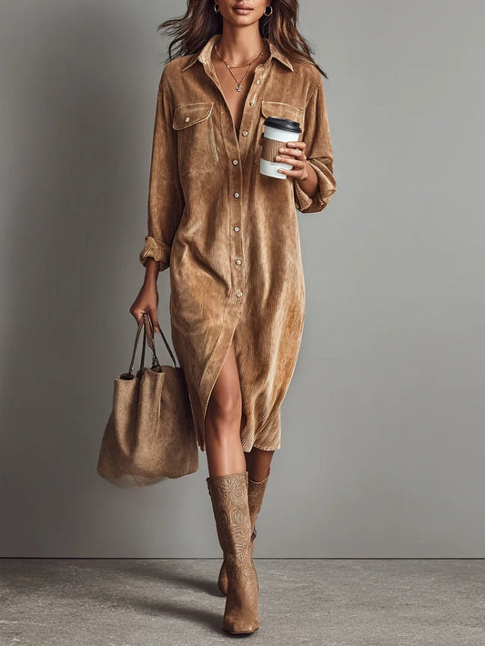 Marisol | Women's Ribbed Long Sleeve Midi Dress Button Front