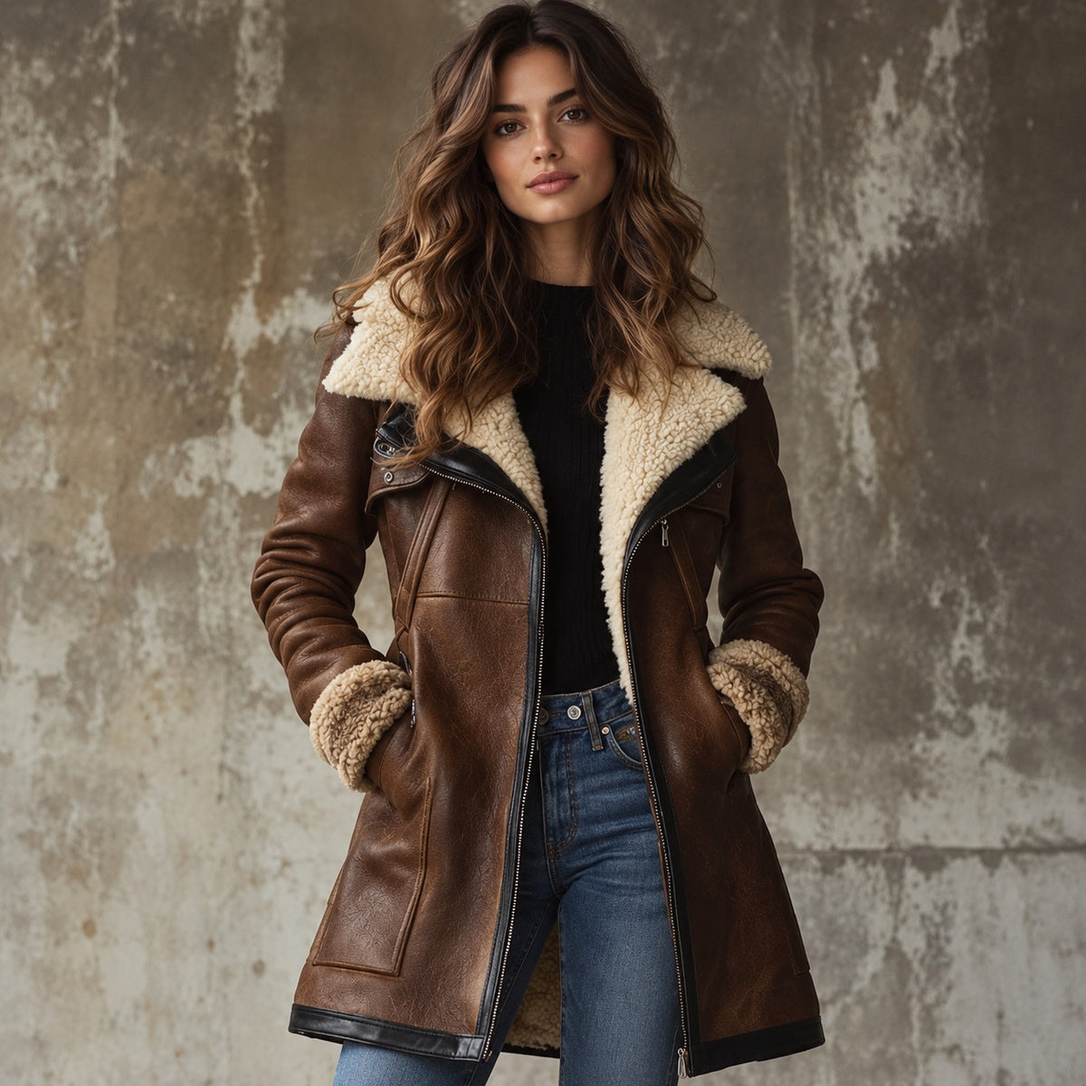 Matilda | Women's Long Leather Coat with Faux Fur Collar