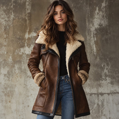 Matilda | Women's Long Leather Coat with Faux Fur Collar