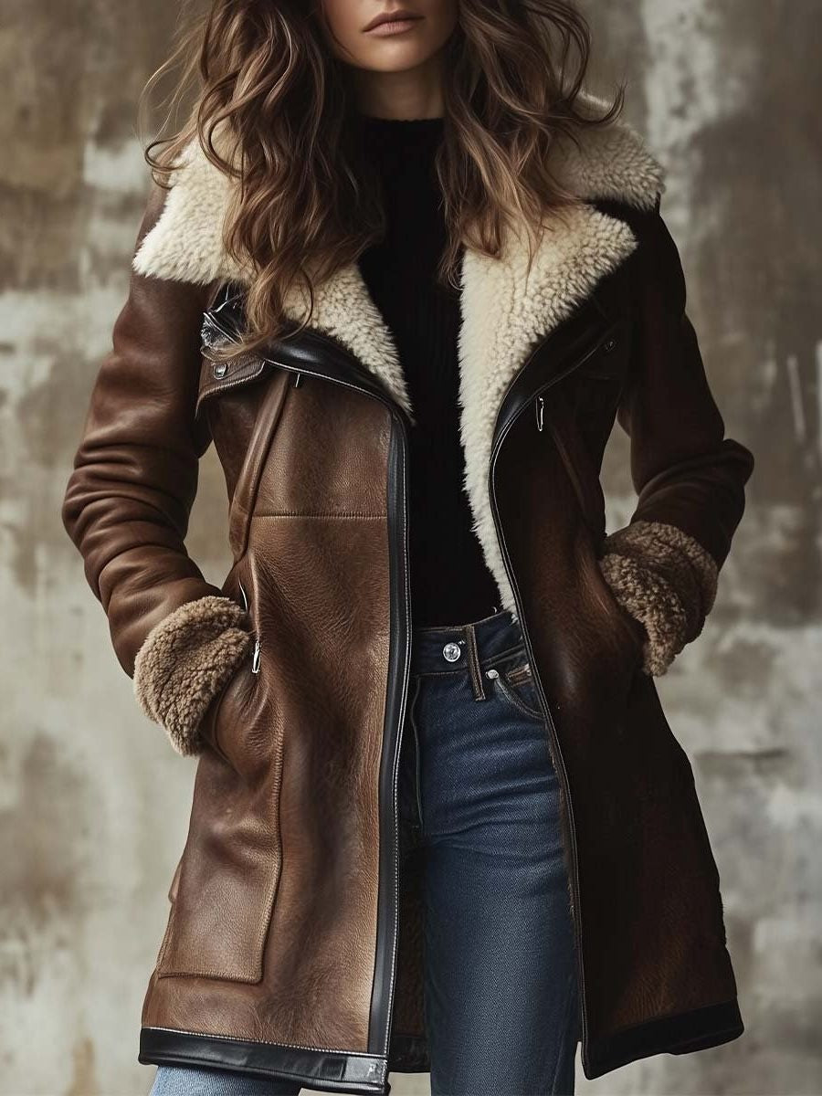 Matilda | Women's Long Leather Coat with Faux Fur Collar