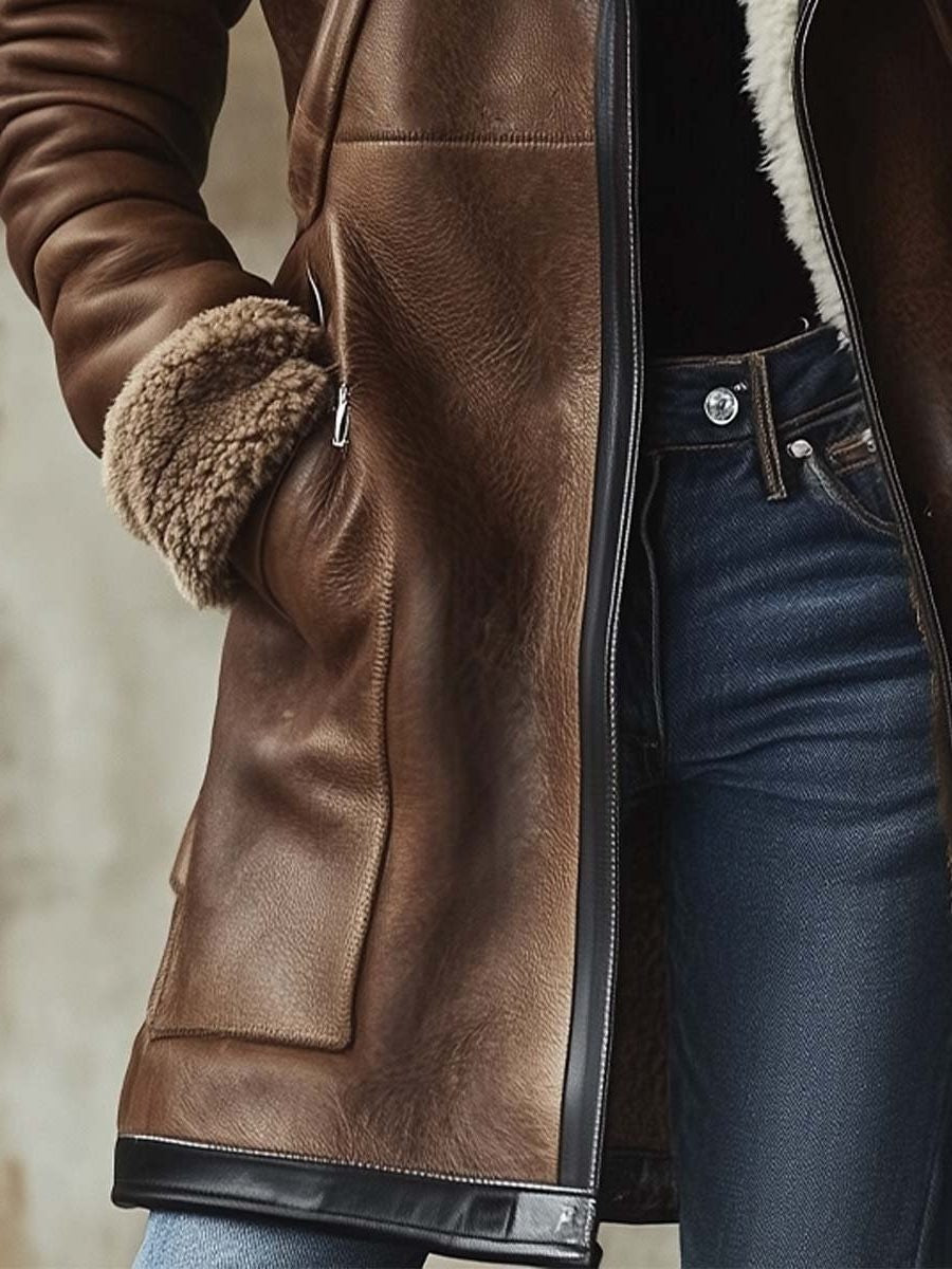 Matilda | Women's Long Leather Coat with Faux Fur Collar