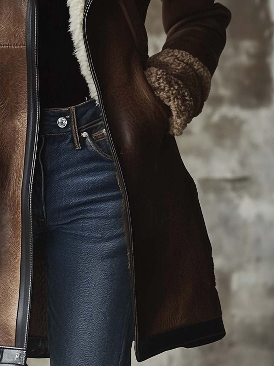 Matilda | Women's Long Leather Coat with Faux Fur Collar