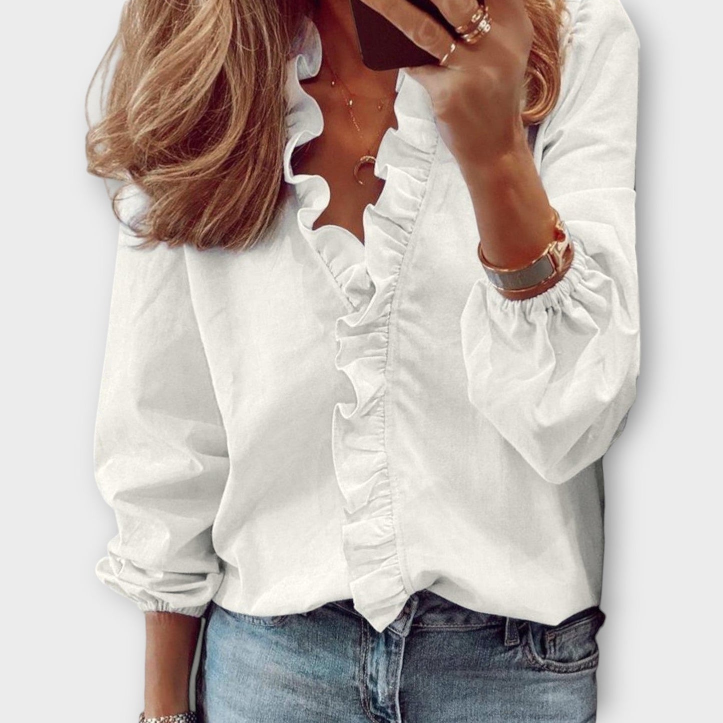 Matilde | Blusa com Folhos Mulher Manga Longa Decote V