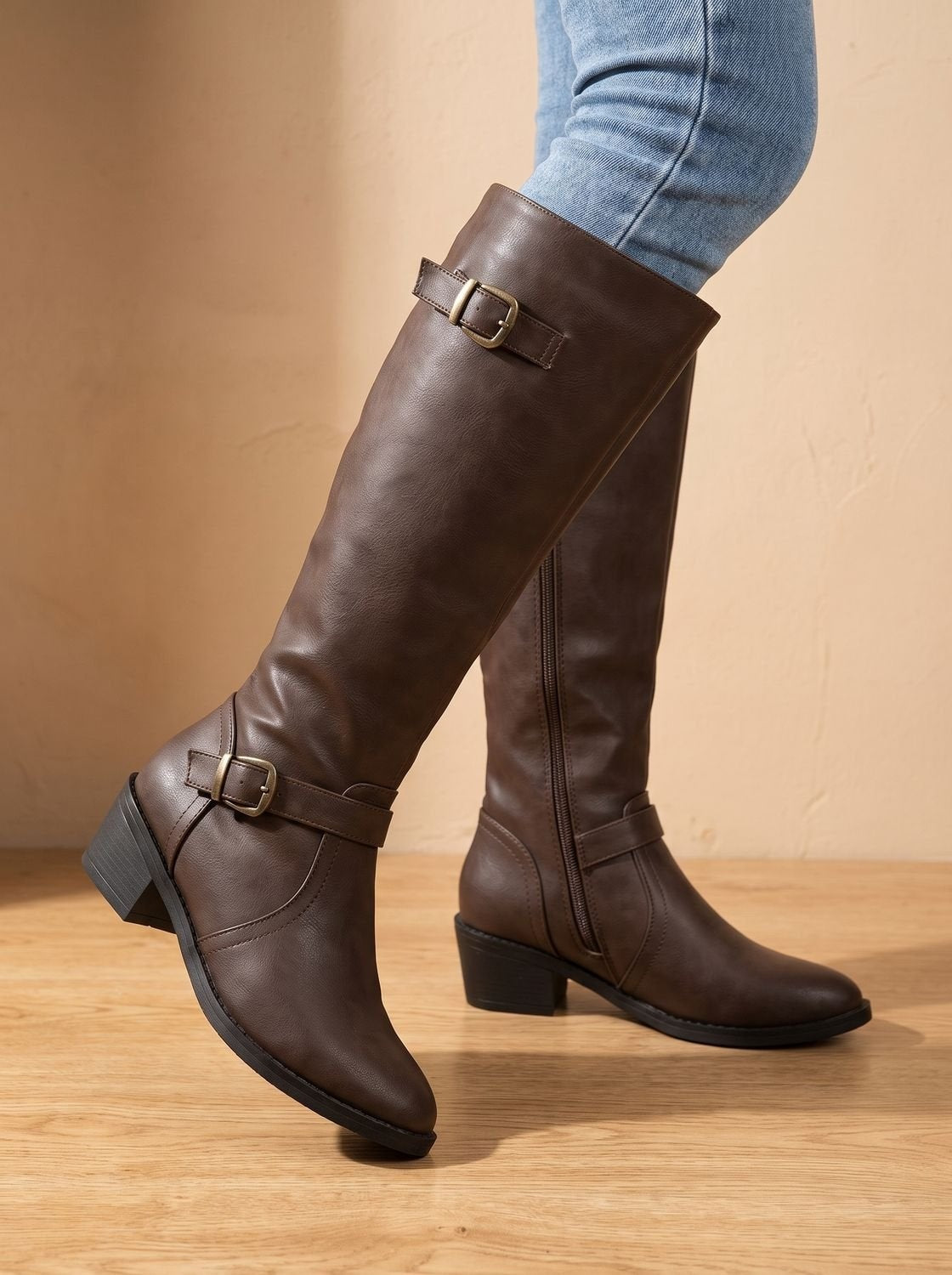 Simone | Women's Tall Leather Riding Boots Knee High Buckles