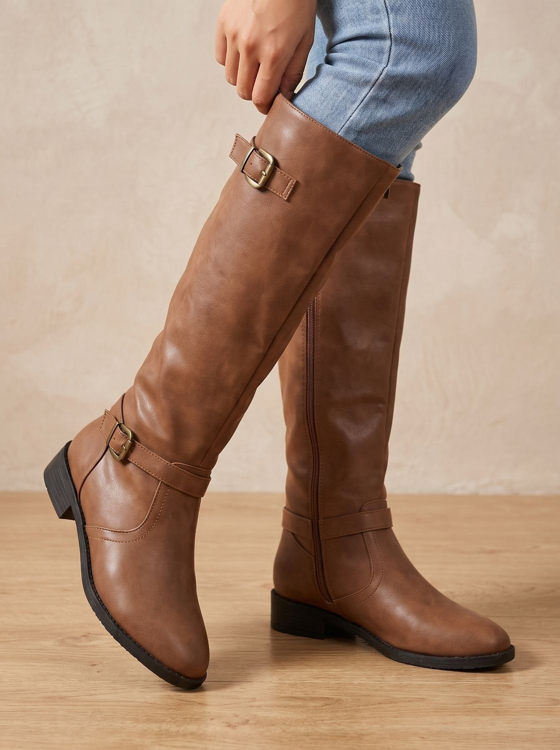 Simone | Women's Tall Leather Riding Boots Knee High Buckles