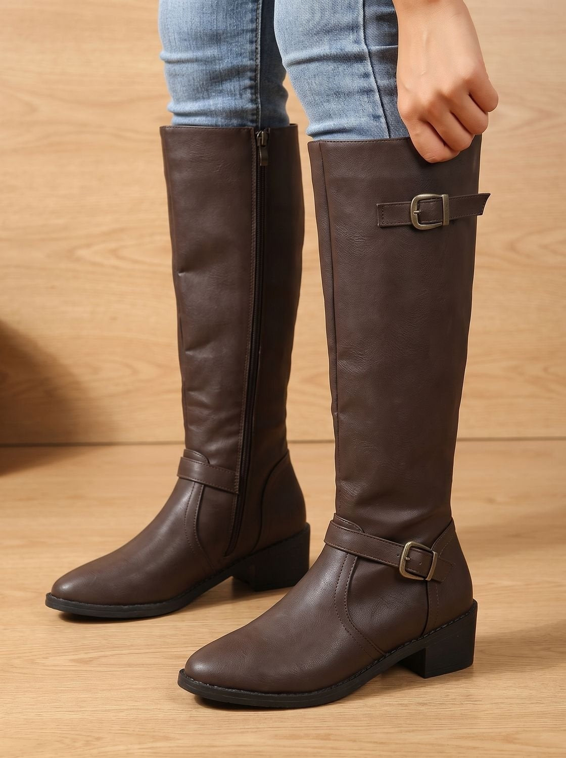 Simone | Women's Tall Leather Riding Boots Knee High Buckles