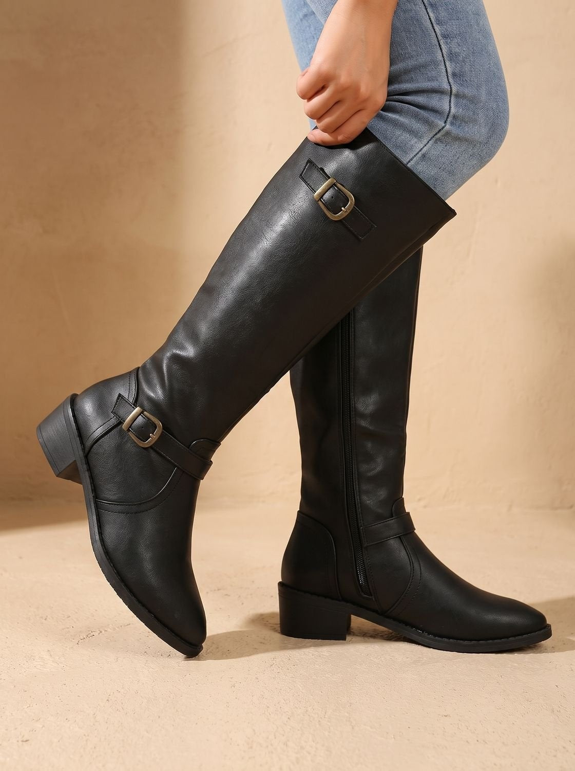 Simone | Women's Tall Leather Riding Boots Knee High Buckles