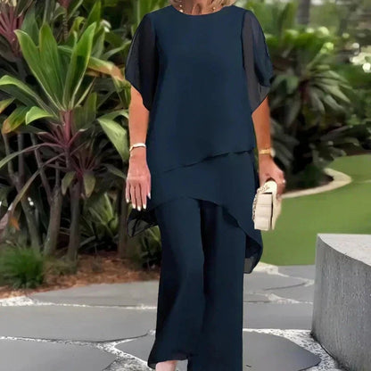 Patrícia | Conjunto Mulher Calças Perna Larga Top Assimétrico Chiffon