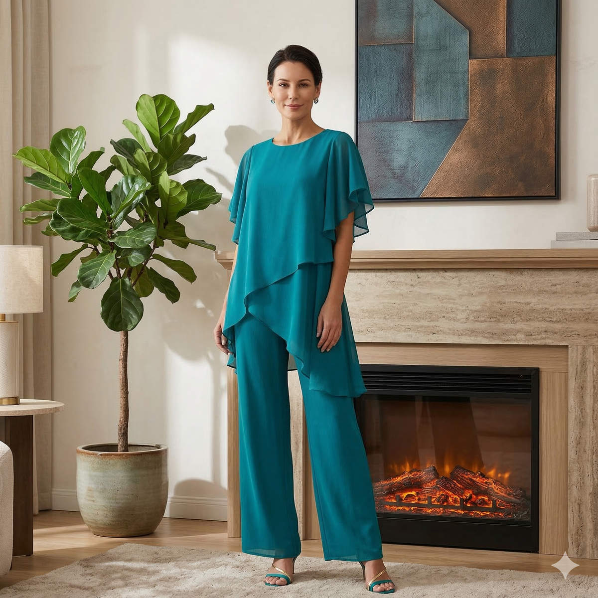Patrícia | Conjunto Mulher Calças Perna Larga Top Assimétrico Chiffon