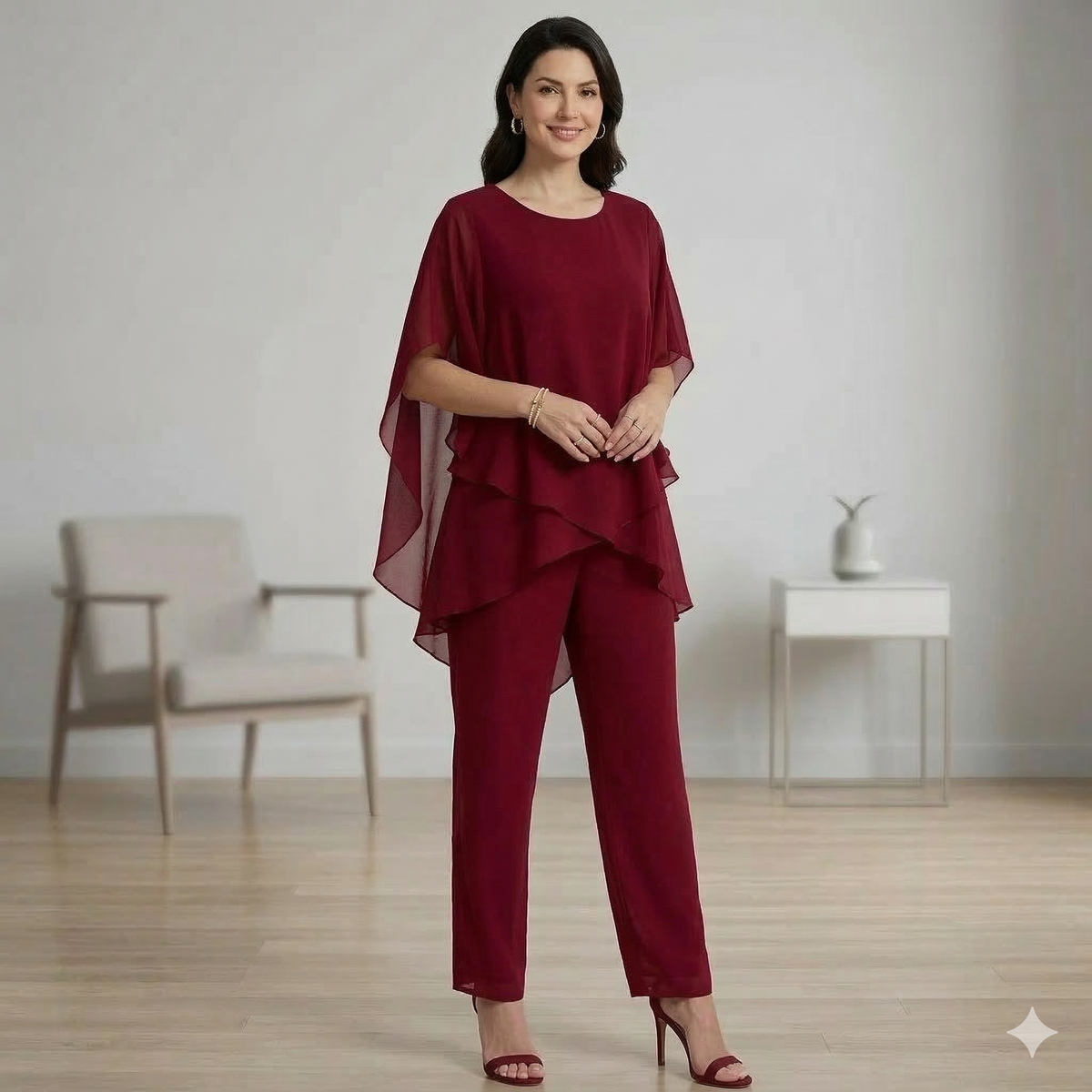 Patrícia | Conjunto Mulher Calças Perna Larga Top Assimétrico Chiffon