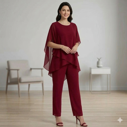 Patrícia | Conjunto Mulher Calças Perna Larga Top Assimétrico Chiffon