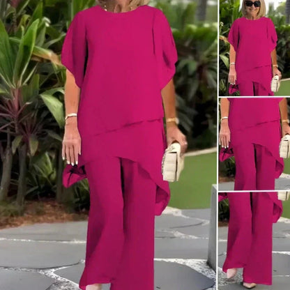 Patrícia | Conjunto Mulher Calças Perna Larga Top Assimétrico Chiffon