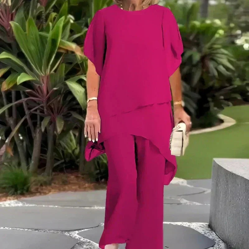 Patrícia | Conjunto Mulher Calças Perna Larga Top Assimétrico Chiffon