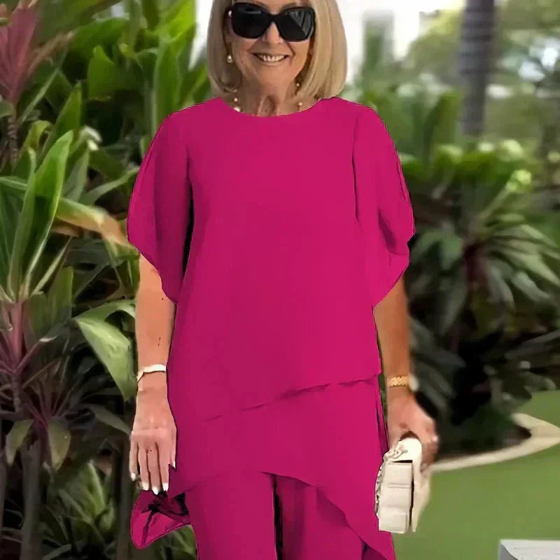 Patrícia | Conjunto Mulher Calças Perna Larga Top Assimétrico Chiffon