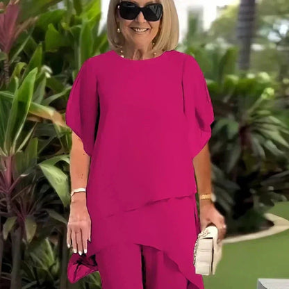 Patrícia | Conjunto Mulher Calças Perna Larga Top Assimétrico Chiffon