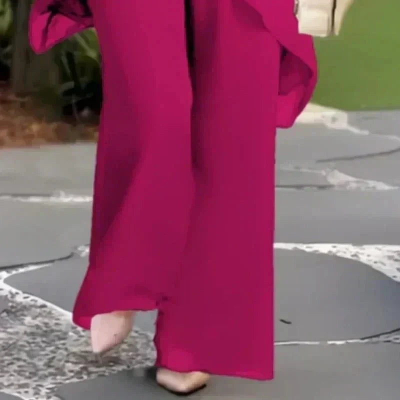 Patrícia | Conjunto Mulher Calças Perna Larga Top Assimétrico Chiffon